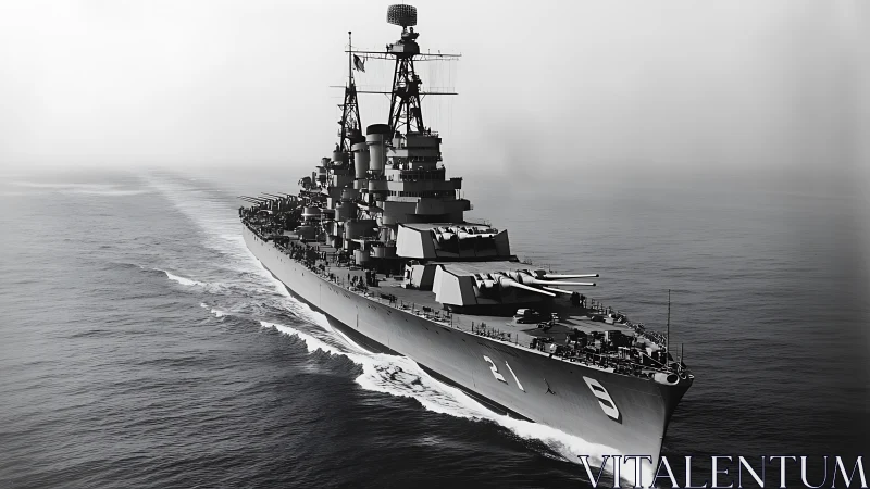 Naval battleship underway on calm open ocean waters.