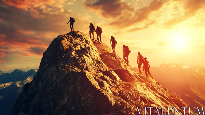 Sunlit hikers scale a rugged summit ridge at golden hour.