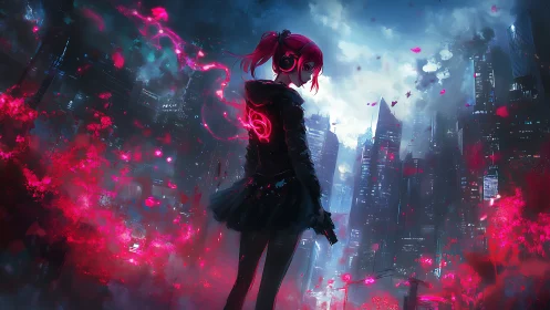 Neon-haired girl commands glowing cityscape in red storm.