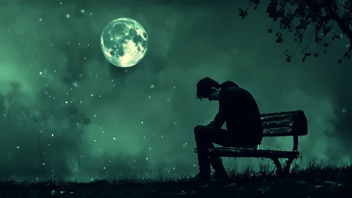 Silhouetted person on bench under large moonlit sky at night.