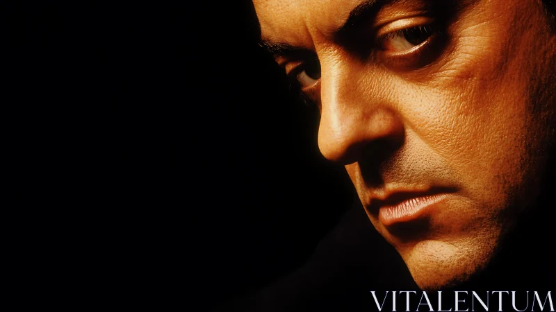 Intense close up reveals a thoughtful, shadowed expression