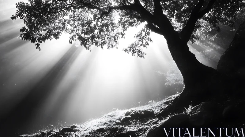 Majestic tree with sunbeams in black and white landscape photography.