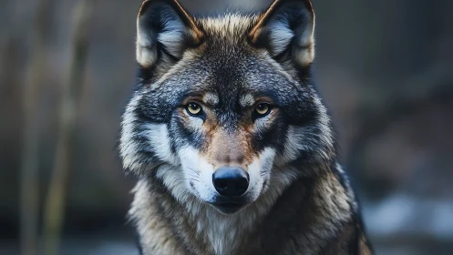 Front-facing gray wolf portrait in natural outdoor habitat.