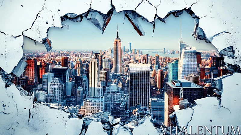 Shattered concrete window dramatically reveals vibrant city skyline