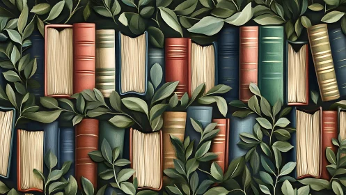 Story-thick vines gently braid themselves through quiet bookshelves