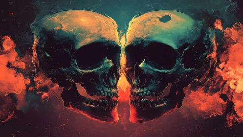 Fiery mirrored skulls in smoky red and teal haze at night.