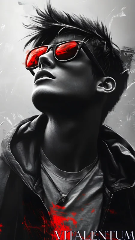 Crimson-glass rebel in monochrome storm of urban attitude.