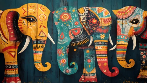 Painted elephant mural with stylized folk patterns.
