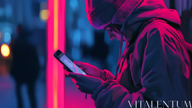 Cozy city night moment with a phone and neon glow.