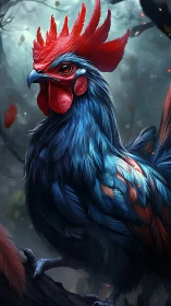 Digital rendering of blue rooster with red comb in forest.