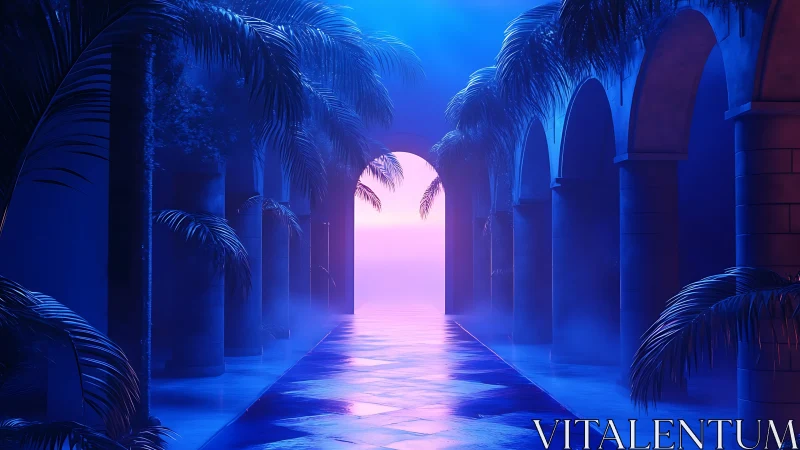 Moonlit palm arcade opens onto a softly glowing horizon