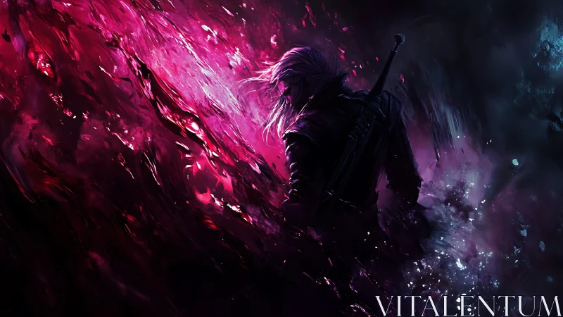 Sword-wielding silhouette in magenta and indigo energy storm.