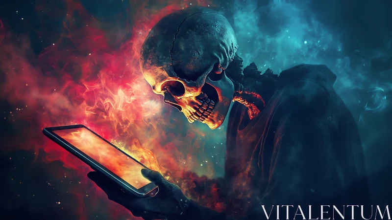 Digital skeleton leans into glowing tablet in swirling smoke
