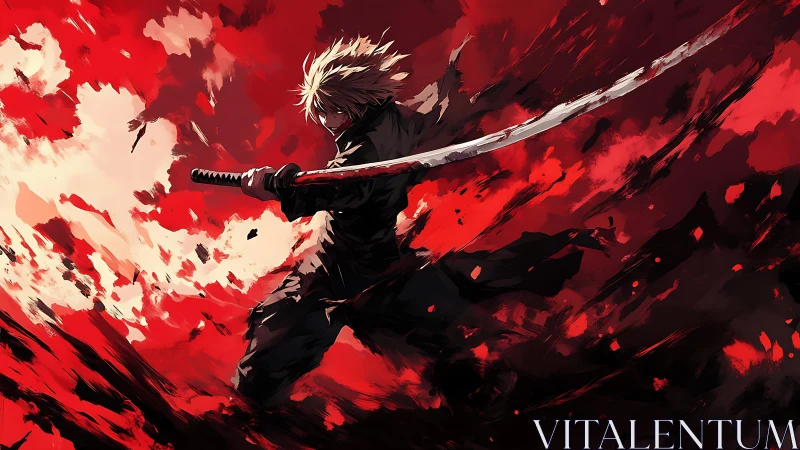 Sword-wielding figure in red abstract digital battle field.