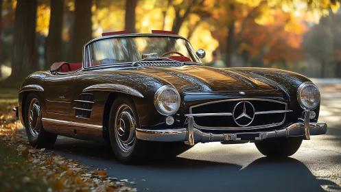 Autumn-bathed classic roadster purrs through golden leaves.