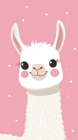 Smiling white llama portrait against soft pink dotted background