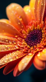 Gerbera daisy with water droplets on orange petals.