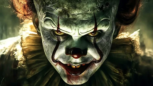 Menacing horror clown portrait with sinister golden gaze.
