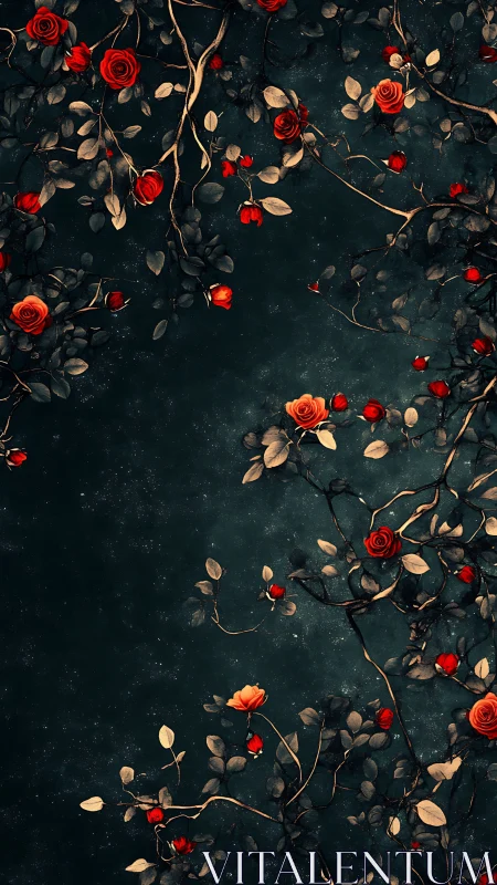 Crimson Roses and Foliage on Deep Teal Textured Surface with Ambient Sparkle