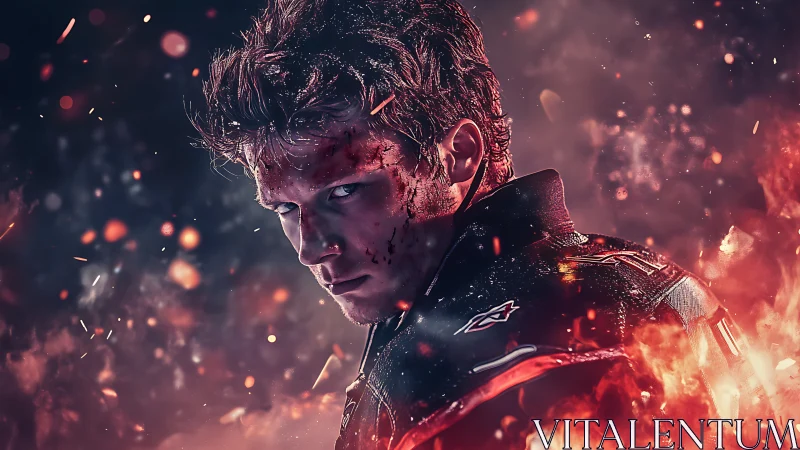 Battle-scarred hero in embers, intense cinematic portrait.
