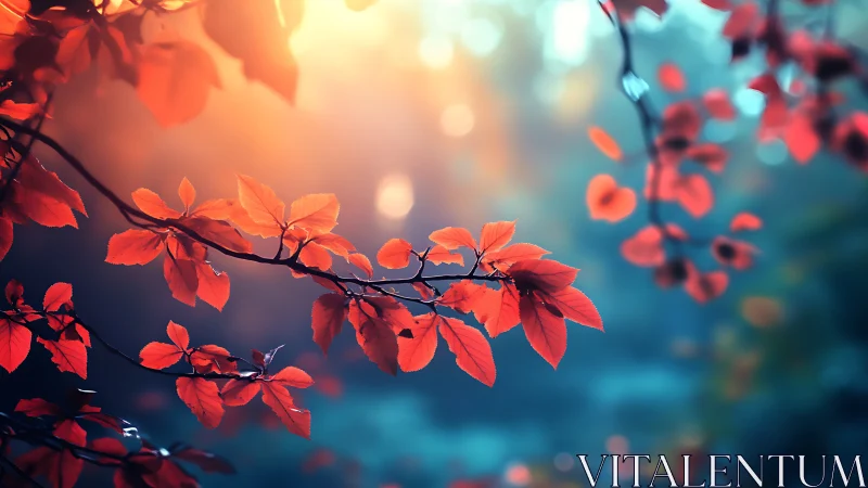 Vibrant autumn leaves on branch in soft dreamy light, nature art.