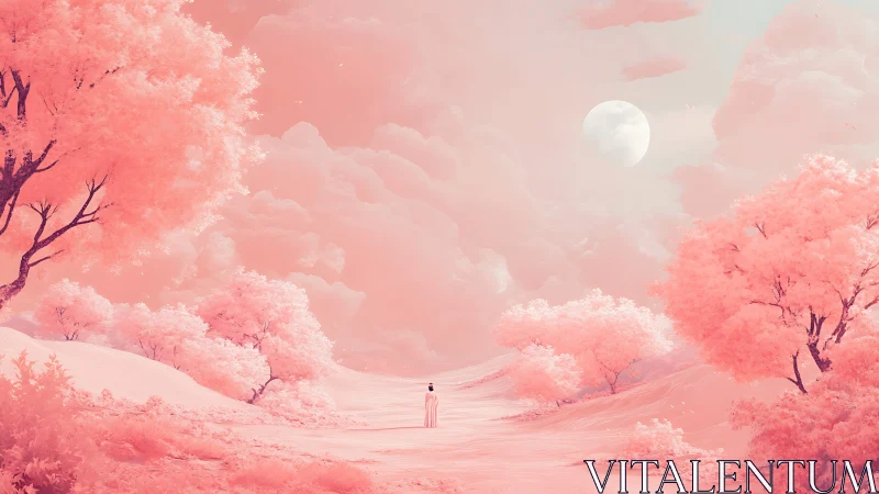 Pastel dreamscape with lone figure under distant moon.