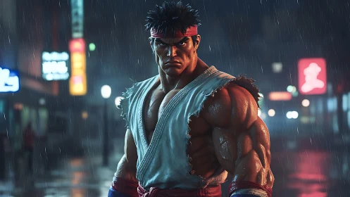 Hyperreal street fighter in rain-soaked urban nightscape