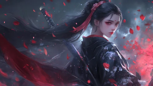 Female swordswoman in dark kimono with red petals swirling.