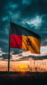National flag with crest ripples dynamically at dramatic sunset
