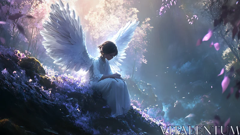 Gentle winged guardian resting in a dreamy twilight forest.