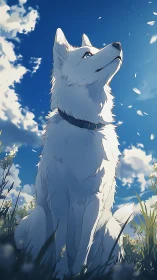 White wolf gazing skyward under drifting spring petals.