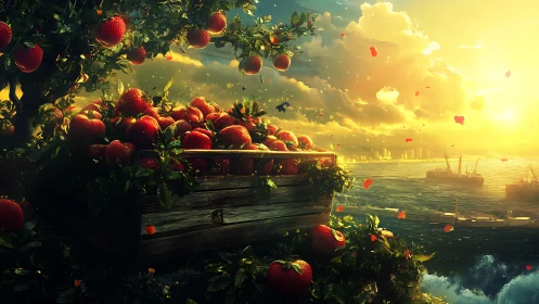 Sunlit coastal apple harvest with cinematic golden lighting.