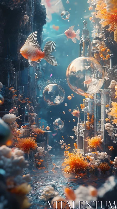 Goldfish drift through luminous coral city ruins.