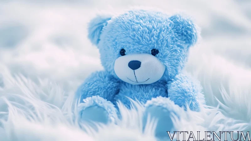 Blue plush teddy bear resting on soft white fur blanket.