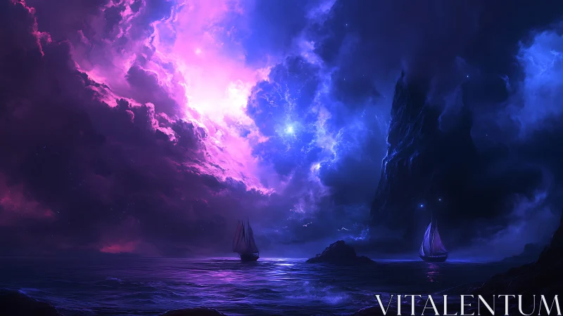 Fantasy seascape with glowing storm clouds and sailing boats.
