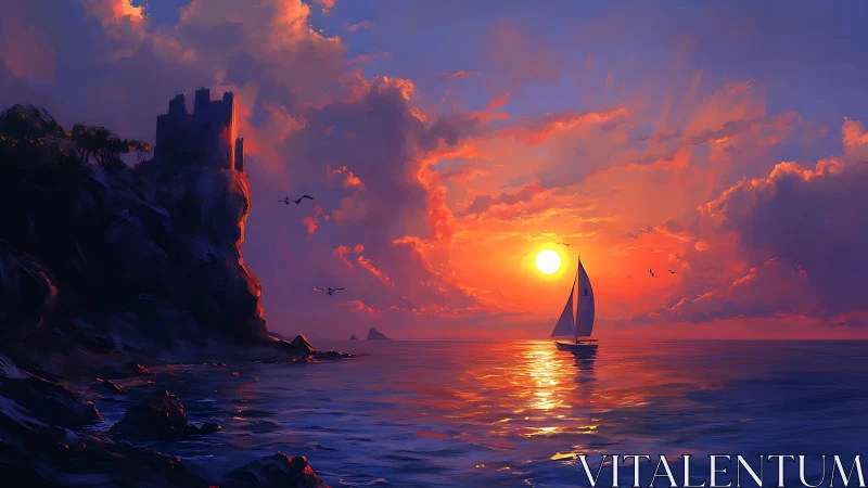 Sailboat crosses vivid sunset sea beside shadowed cliff tower