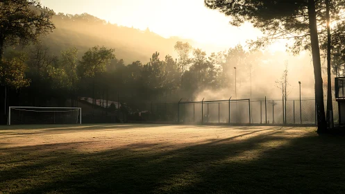 Soccer field with morning mist and backlit perimeter trees.