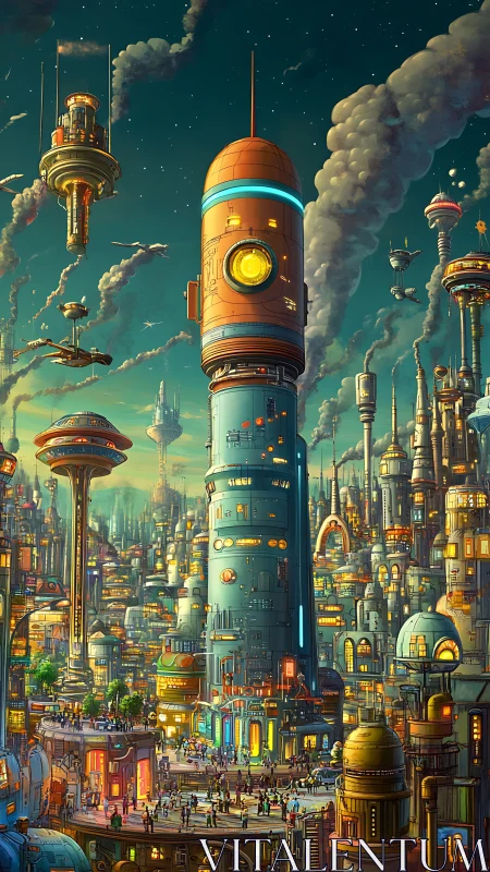 Dense futuristic cityscape with central rocket tower.