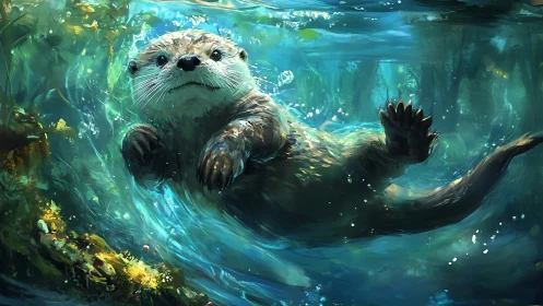 Playful river otter pirouettes through turquoise currents.