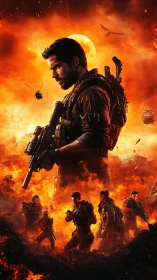 Soldier in inferno-lit warzone with blazing eclipse sky.