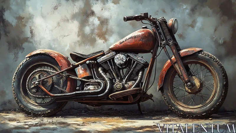 Rust-scarred vintage motorcycle waits like a sleeping thunderstorm.