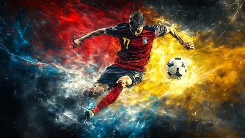 Dynamic soccer striker surrounded by red, blue and gold energy.