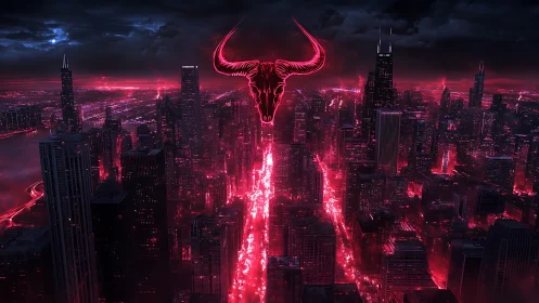 Glowing bull spirit watching over a neon lit stormy city.