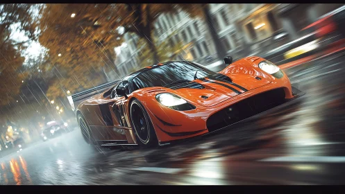 Orange supercar powers through rainy city streets at speed.
