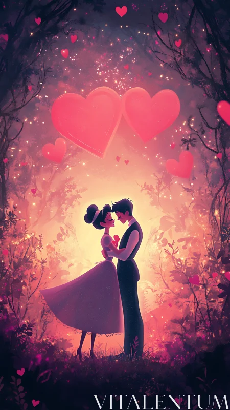 Couple Silhouettes Embracing Under Glowing Hearts Forest