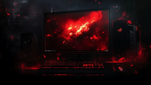 Crimson nebula erupts across a battle ready gaming desktop