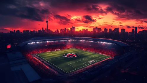 Sunset soccer stadium under vivid red city skyline.