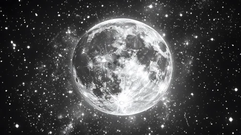 Glowing full moon surrounded by a gentle sea of stars.