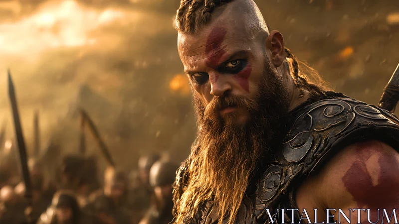 Battle-hardened Viking warrior in burning dusk chaos.