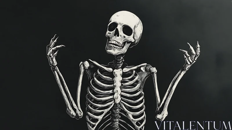 Cheerful skeleton strikes a playful pose in stark monochrome.